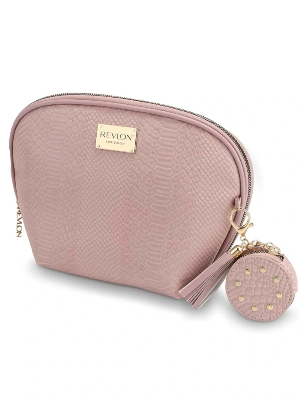 REVLON Croc Embossed Makeup Pouch Cosmetic Bag w/ Tassel & Mirror Keychain
